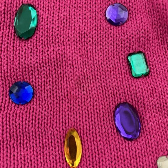 Victoria Jones Womens Vintage 80s Chunky Cardigan Sweater Size M Pink Gems - Picture 6 of 13